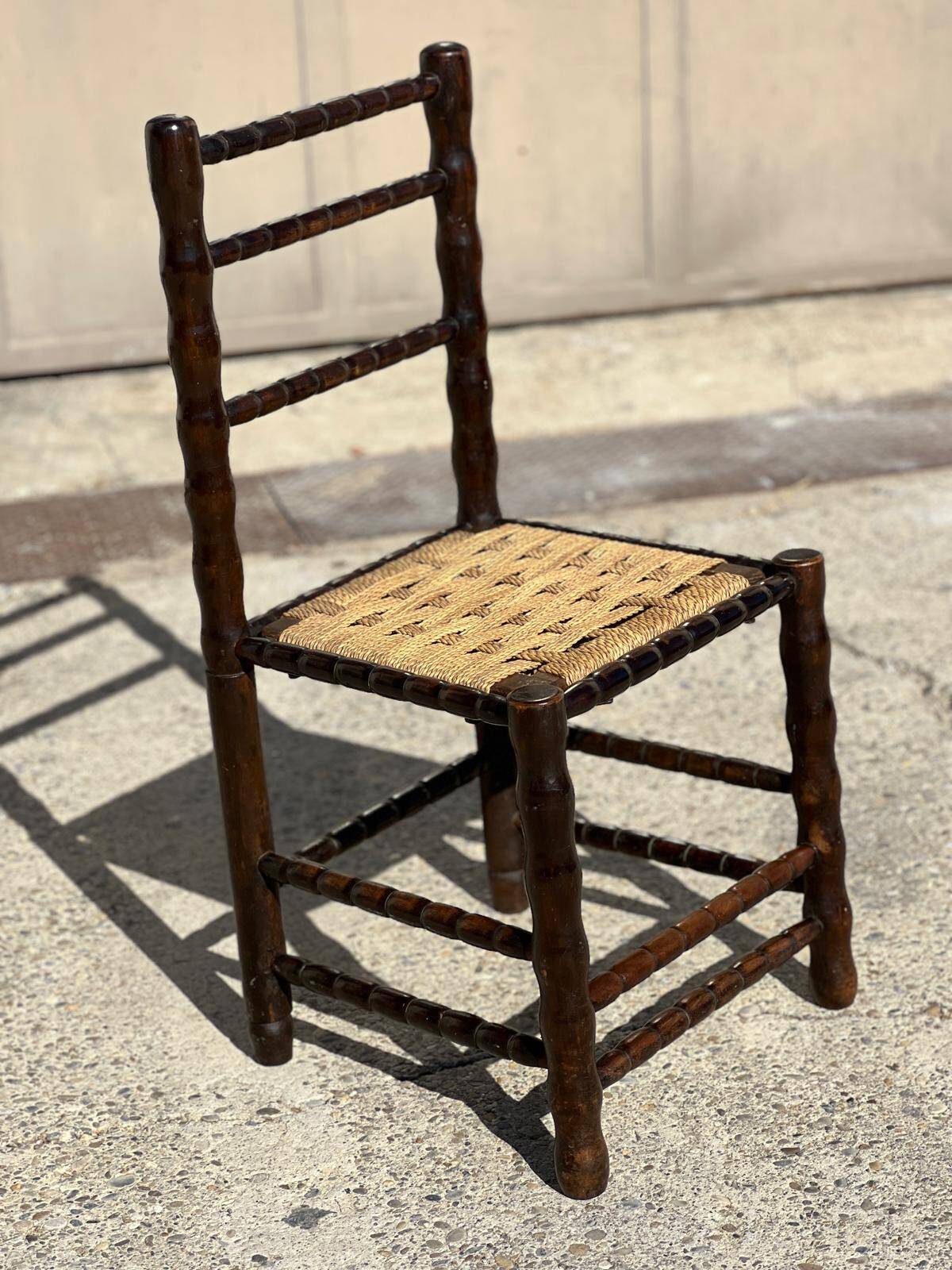 4 wooden and rope bobbin leg chairs attributed to Charles Dudouyt 1940
