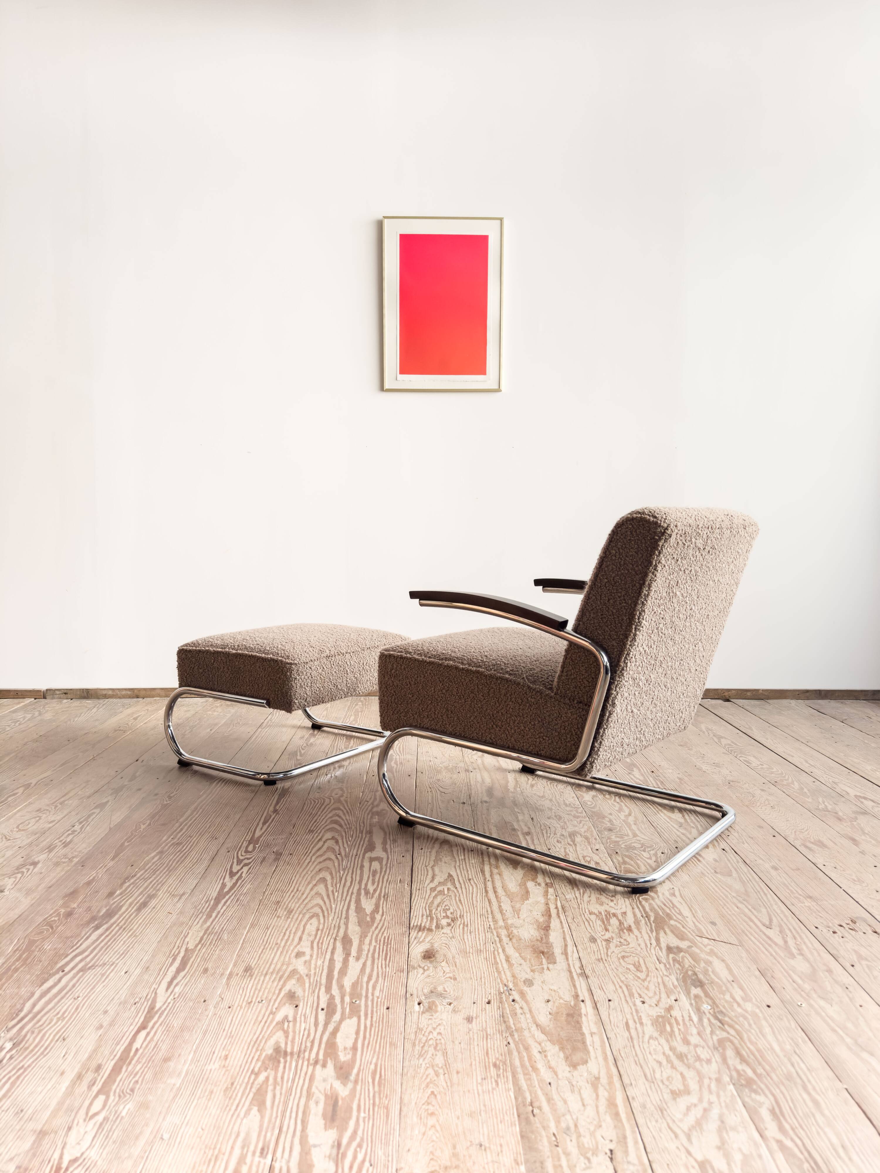 Fauteuil et ottoman Thonet 411 Bauhaus en tissu bouclé