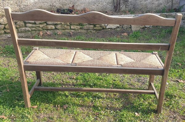 Banquette en bois, assise en paille vintage