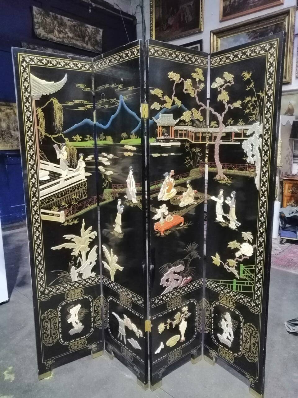 Antique Chinese bedroom screen, inlay of soapstone, jade, ivory, mother-of-pearl