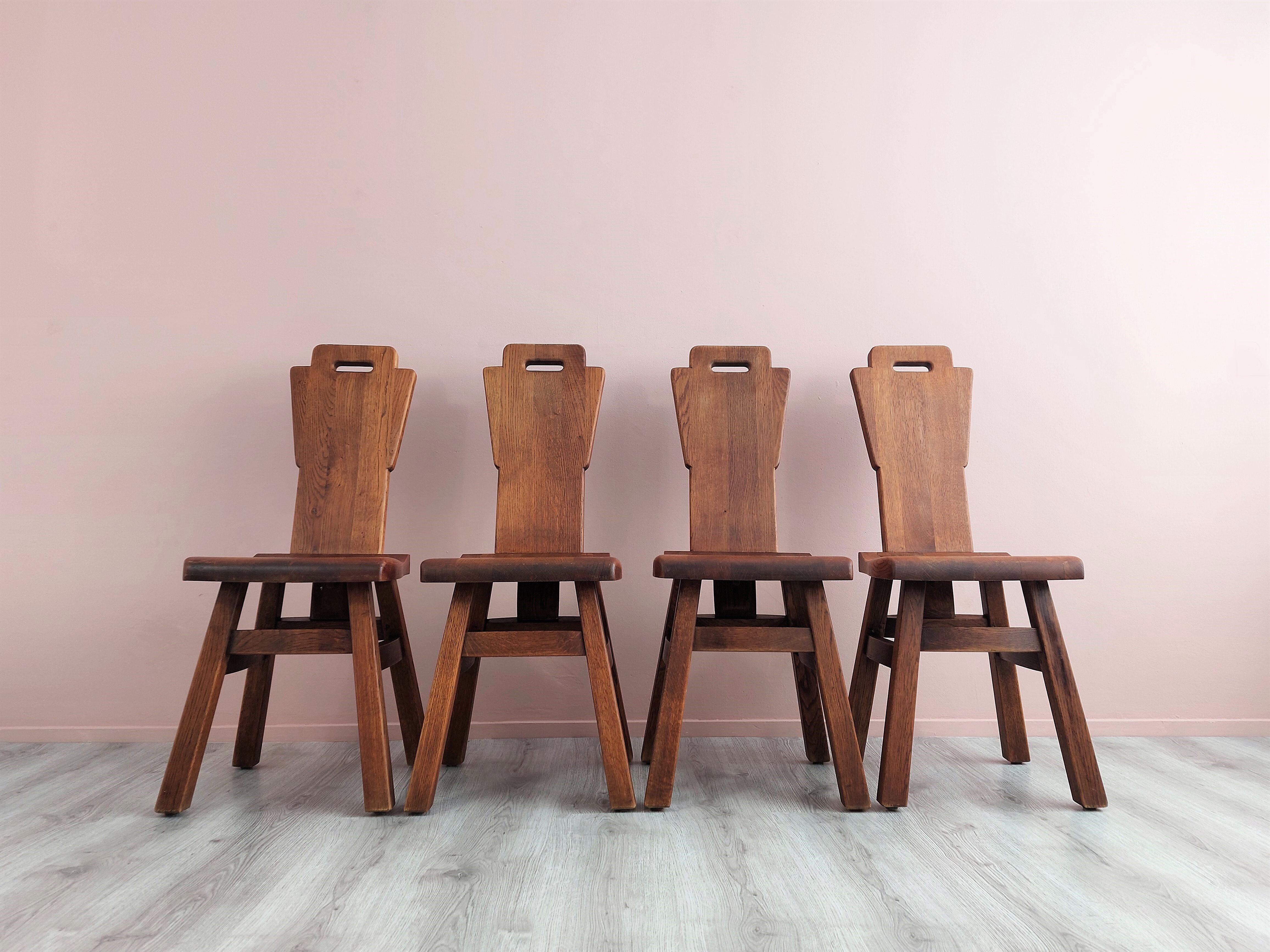 Set of 4 Belgian Brutalist Oak Dining Chairs.