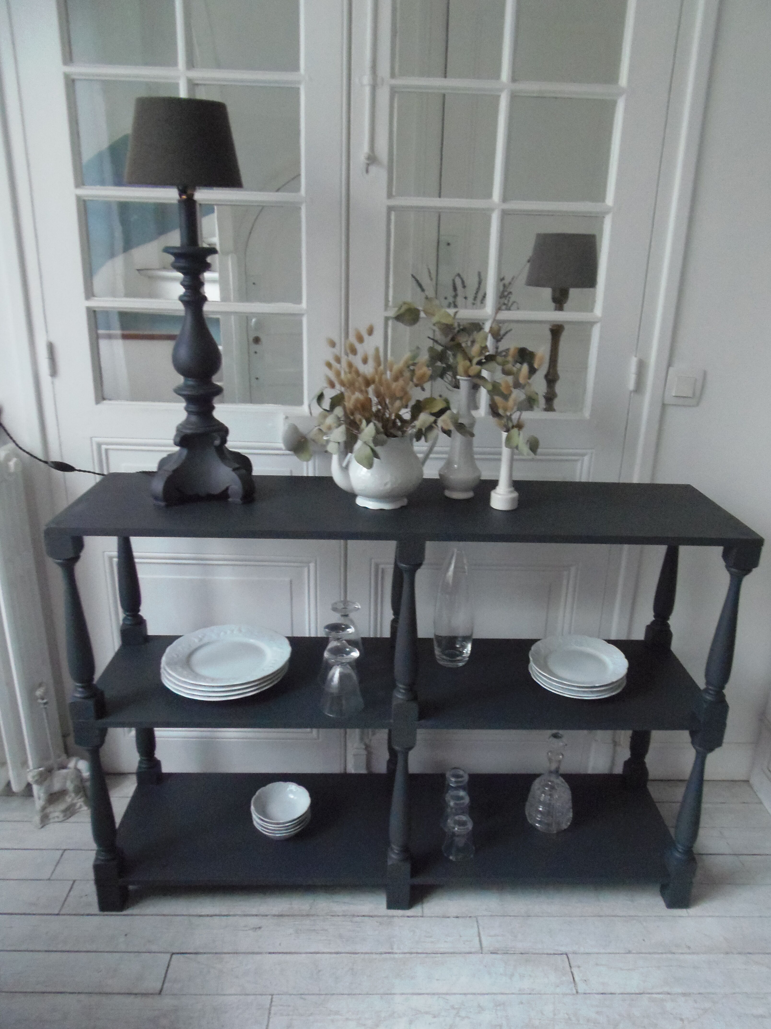 Console, bookcase, vintage slate grey dresser, 2 shelves