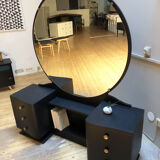 Coiffeuse au miroir rond vintage noire