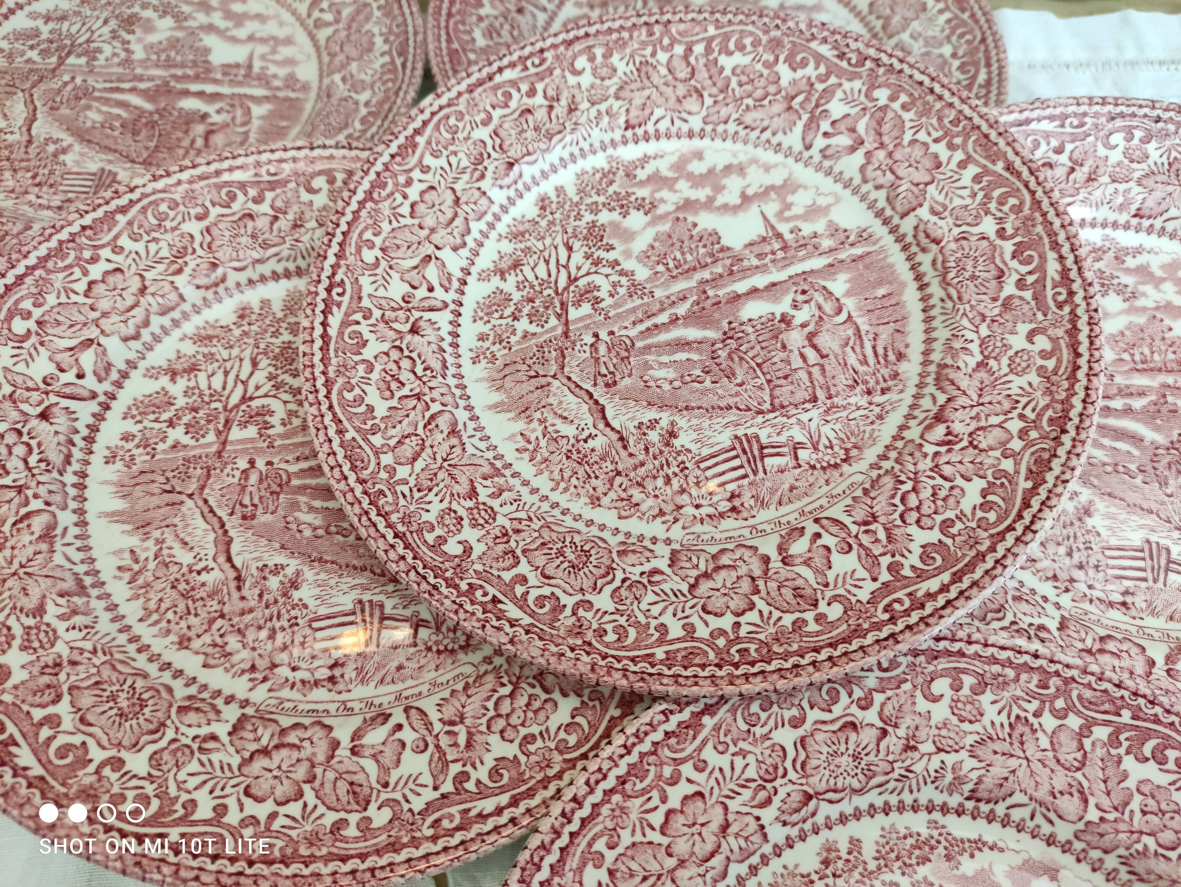 Set of 6 dessert plates in English porcelain red country décor