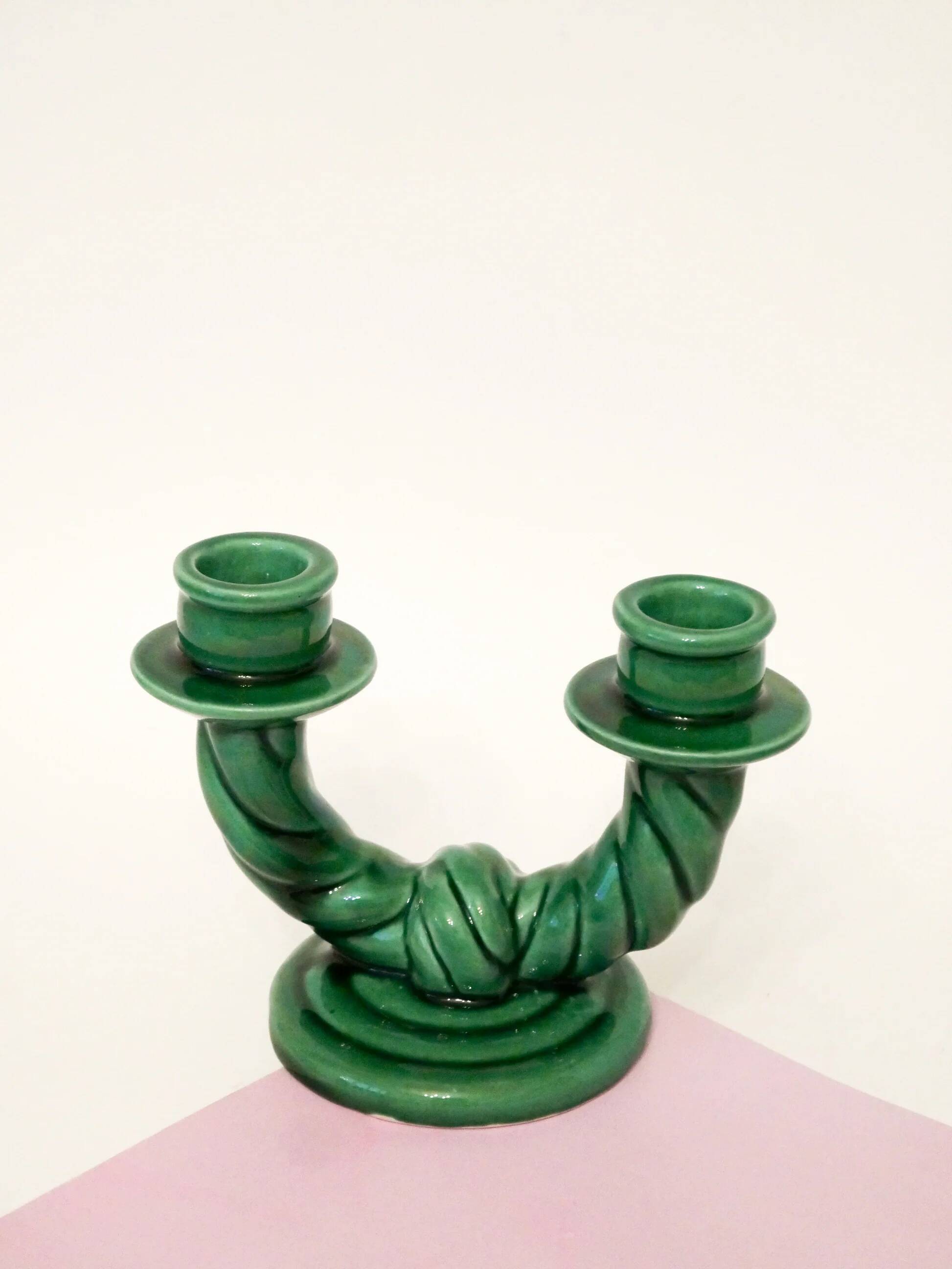 Pair of twisted green ceramic double candlesticks, 1960.