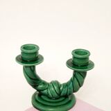 Pair of twisted green ceramic double candlesticks, 1960.