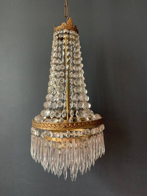 Antique hot air balloon chandelier in brass and crystal, 3 lights, 1920s