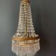 Antique hot air balloon chandelier in brass and crystal, 3 lights, 1920s