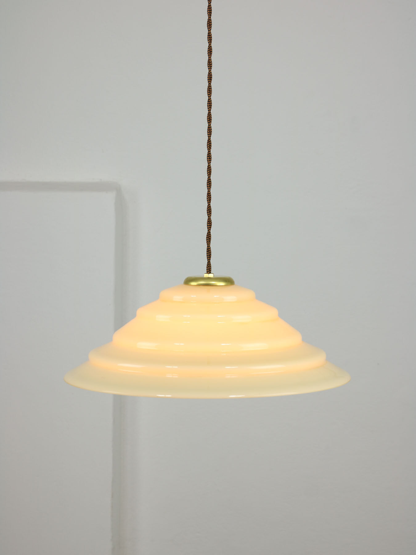 Mid-century Yellow Glass & Brass Pendant Lamp