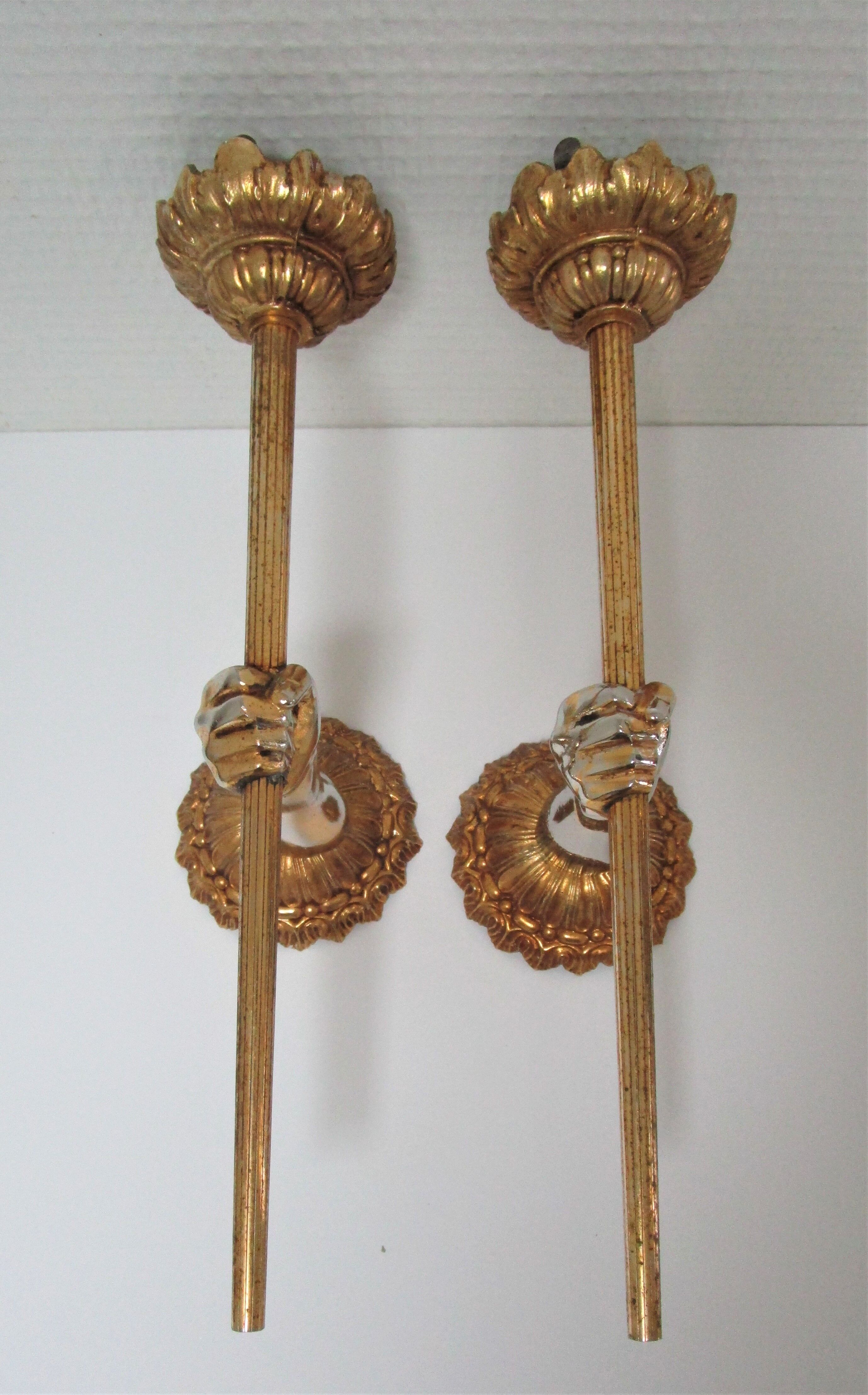 Pair of vintage patinated golden metal hand sconces