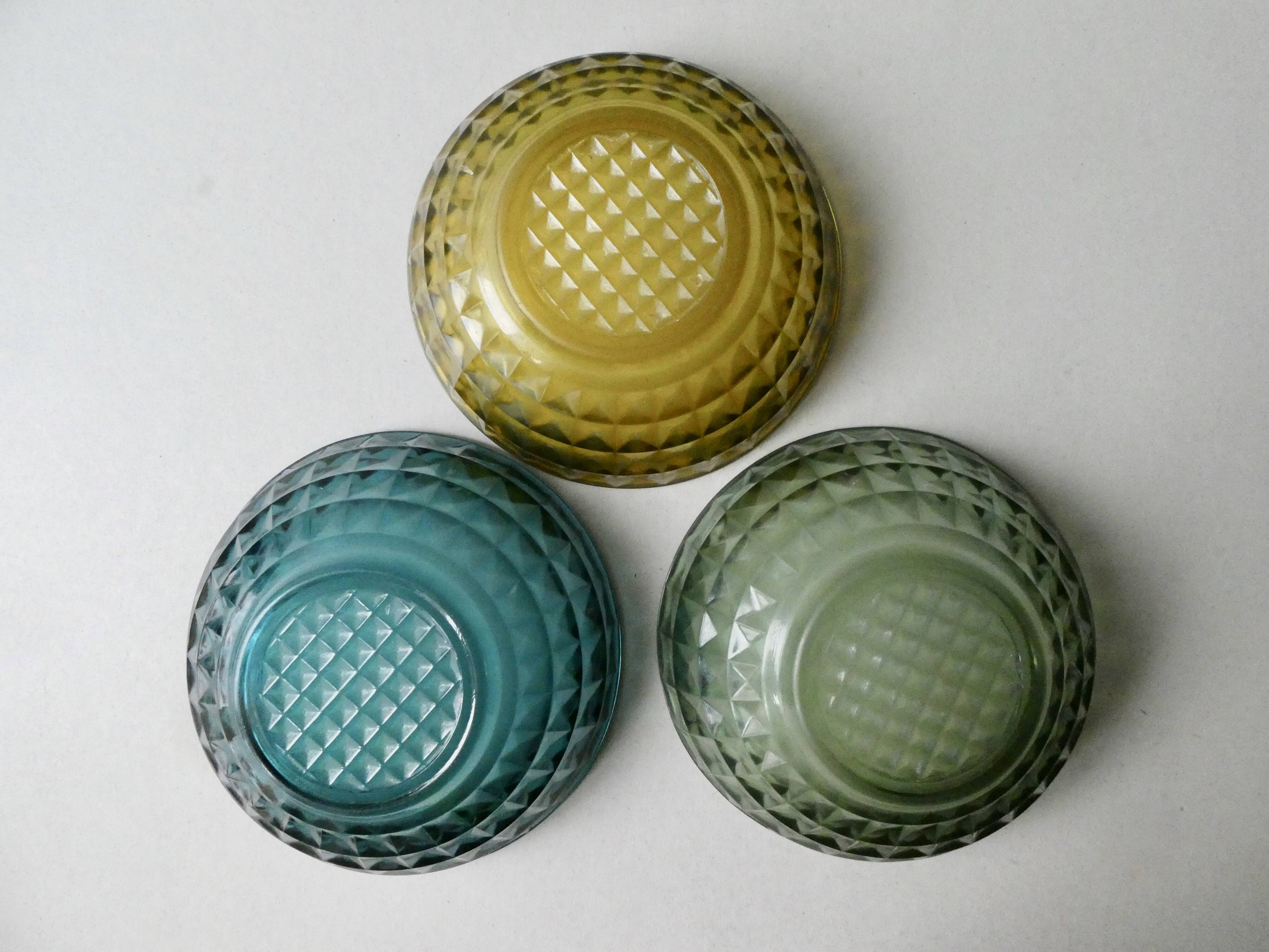Set of 3 colored glass bowls from the 70s