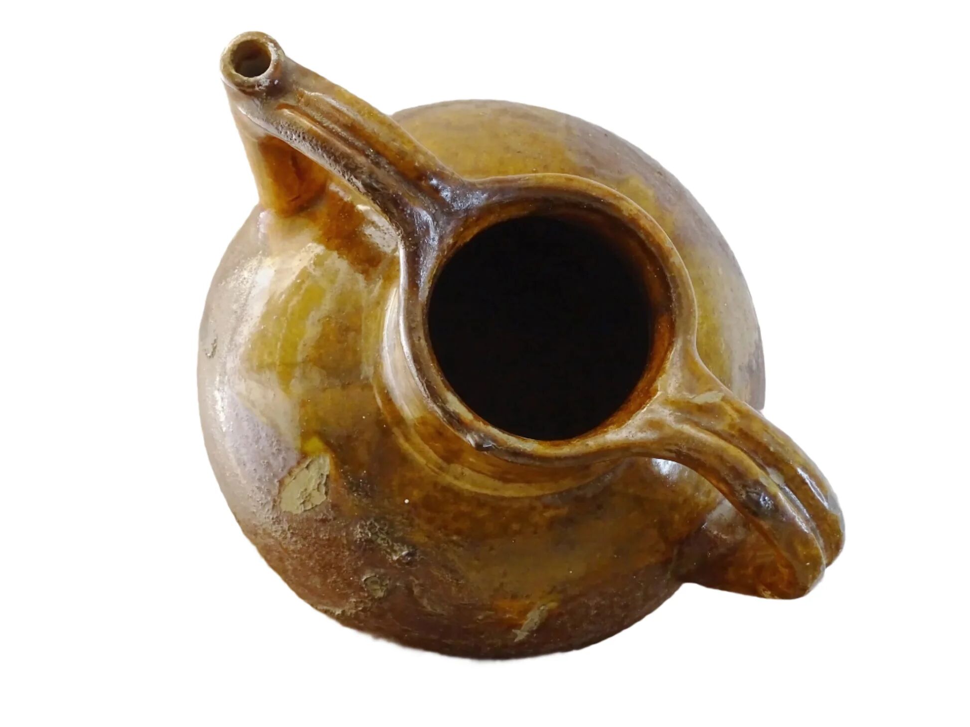 Céramique ancienne française en orjol ou cruche à glaçure rouge et jaune