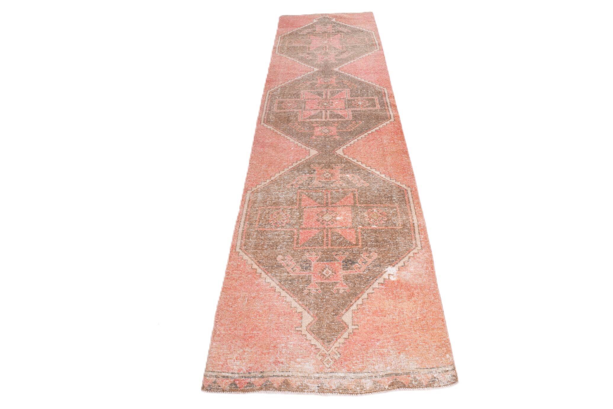 Turkish Salmon Brown Vintage Runner Rug, 91x362Cm