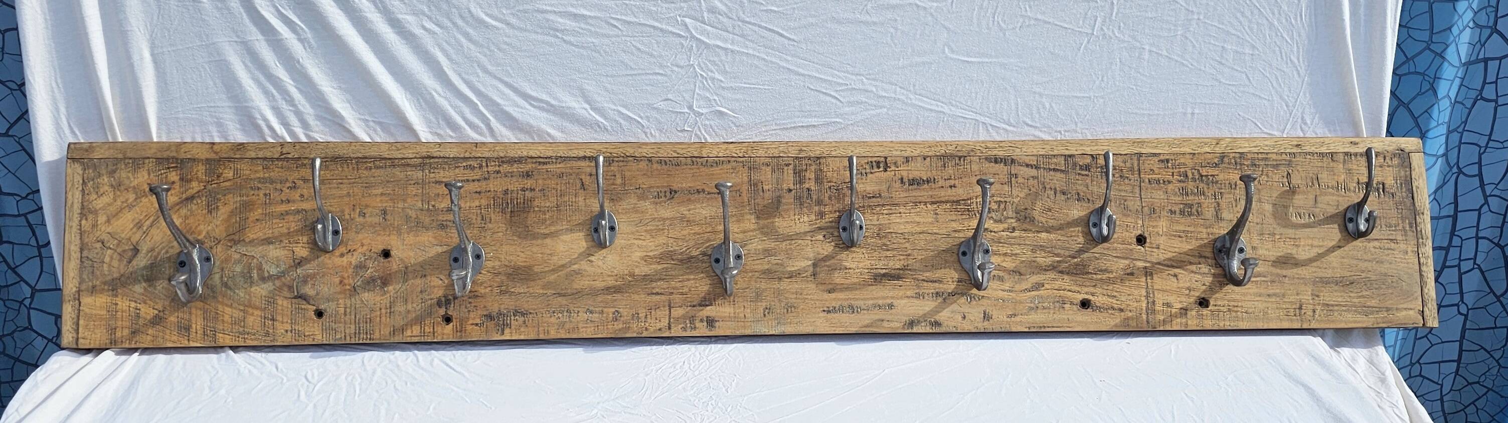 Teak coat rack with 10 double cast iron hooks
