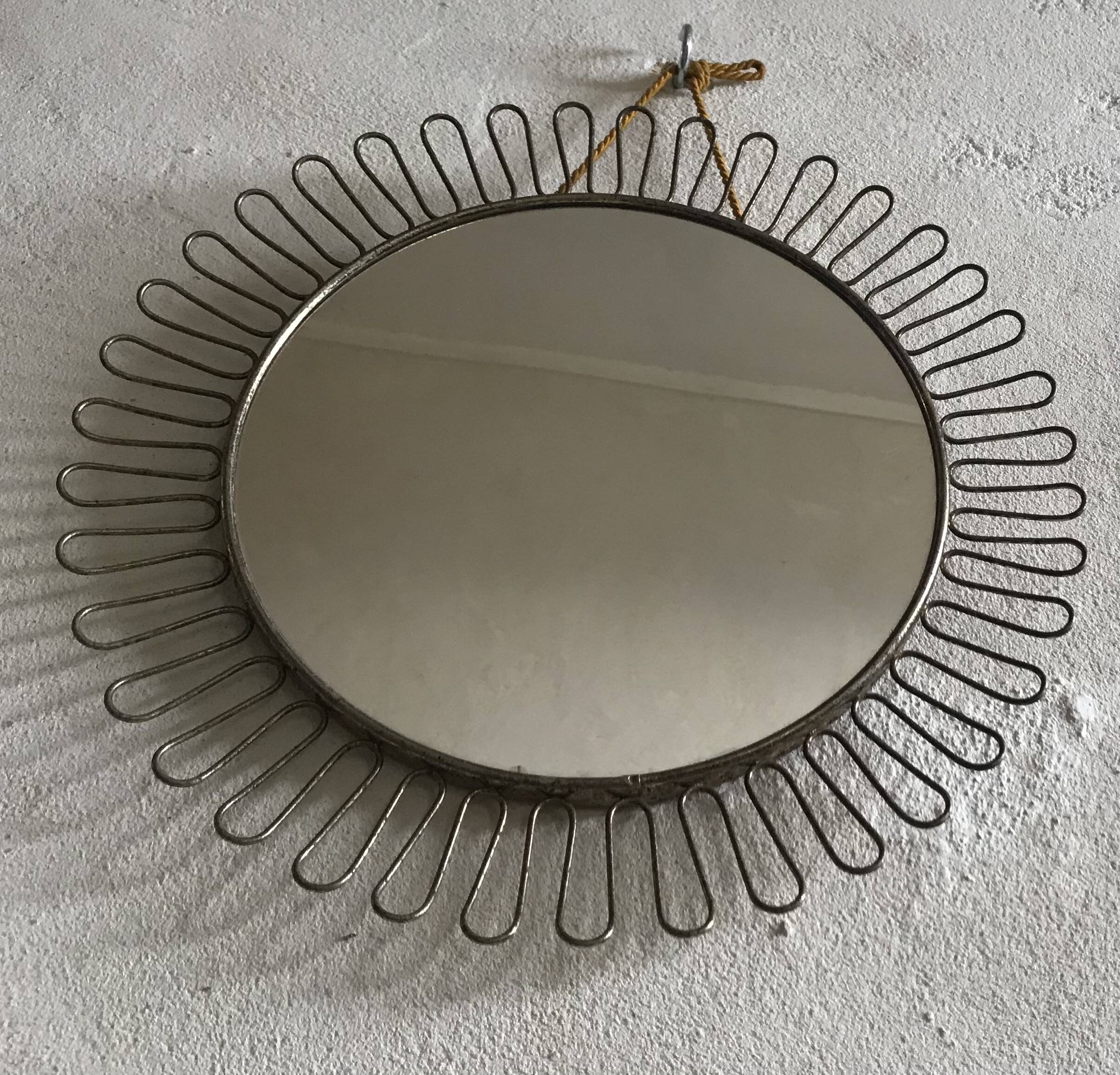 Vintage round sun-shaped mirror in the style of Josef Frank.