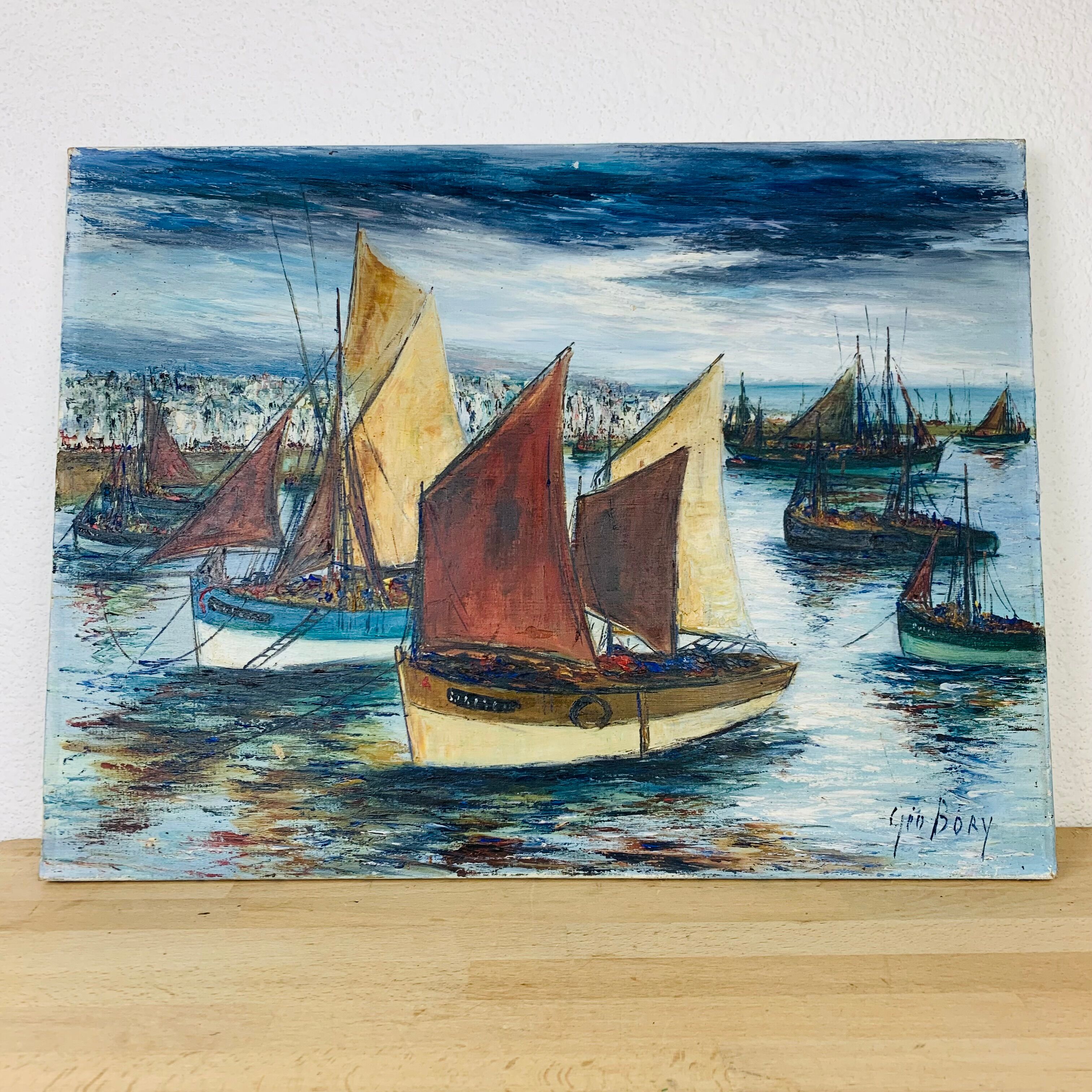 Marine painting of Géo Bory "In the port of Douarnenez"