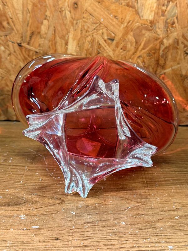 Vide poche en verre rouge vintage Rubín Glass, étiquette d’origine