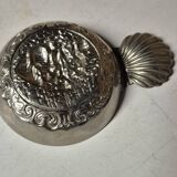 Antique silver-plated metal tastevin with tavern scene decor and shell handle