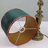 Vintage brass table lamp with green velvet shade.