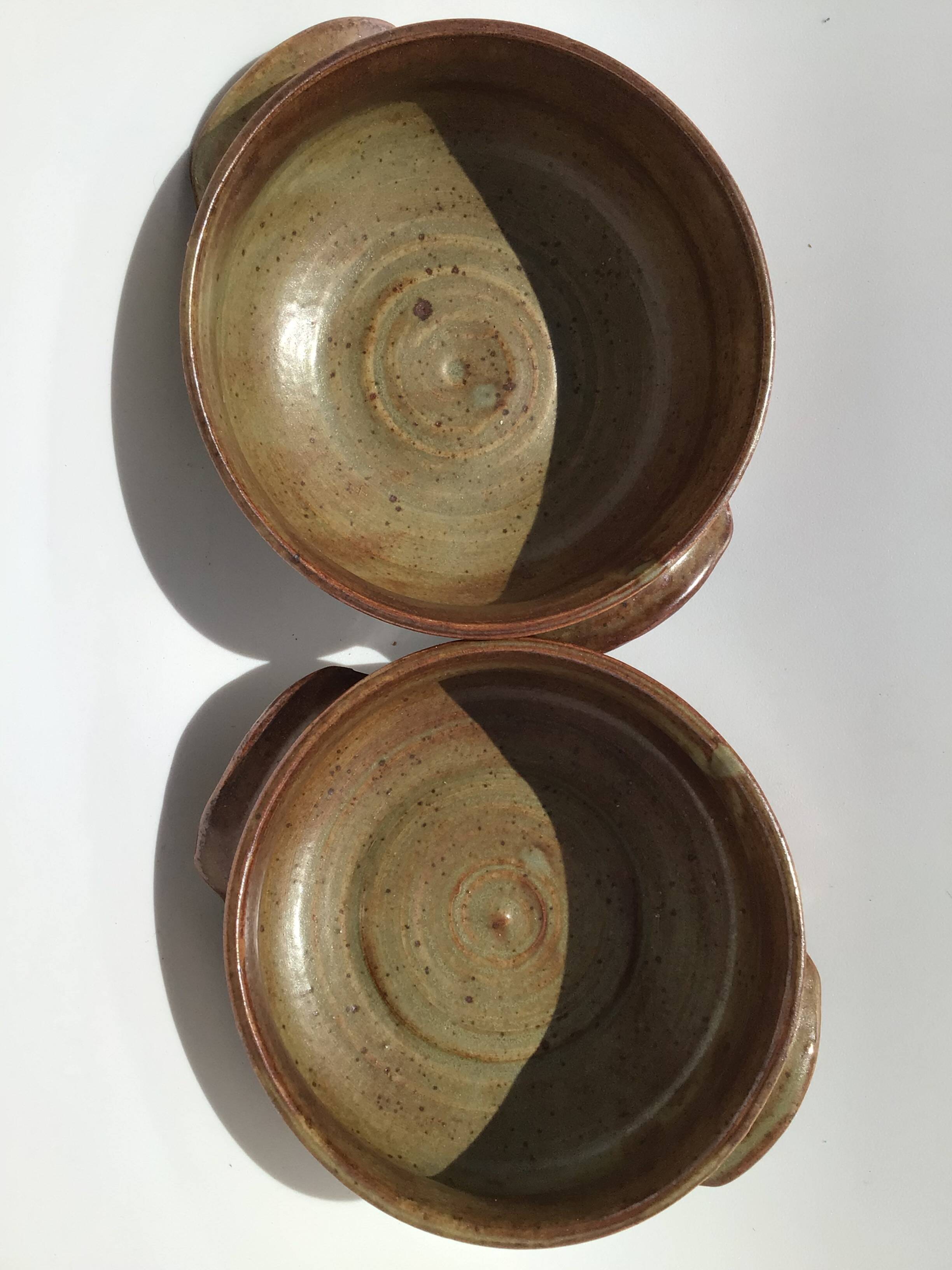 2 Bols grès artisanal brun vert signés