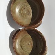 2 Handcrafted green-brown stoneware bowls signed
