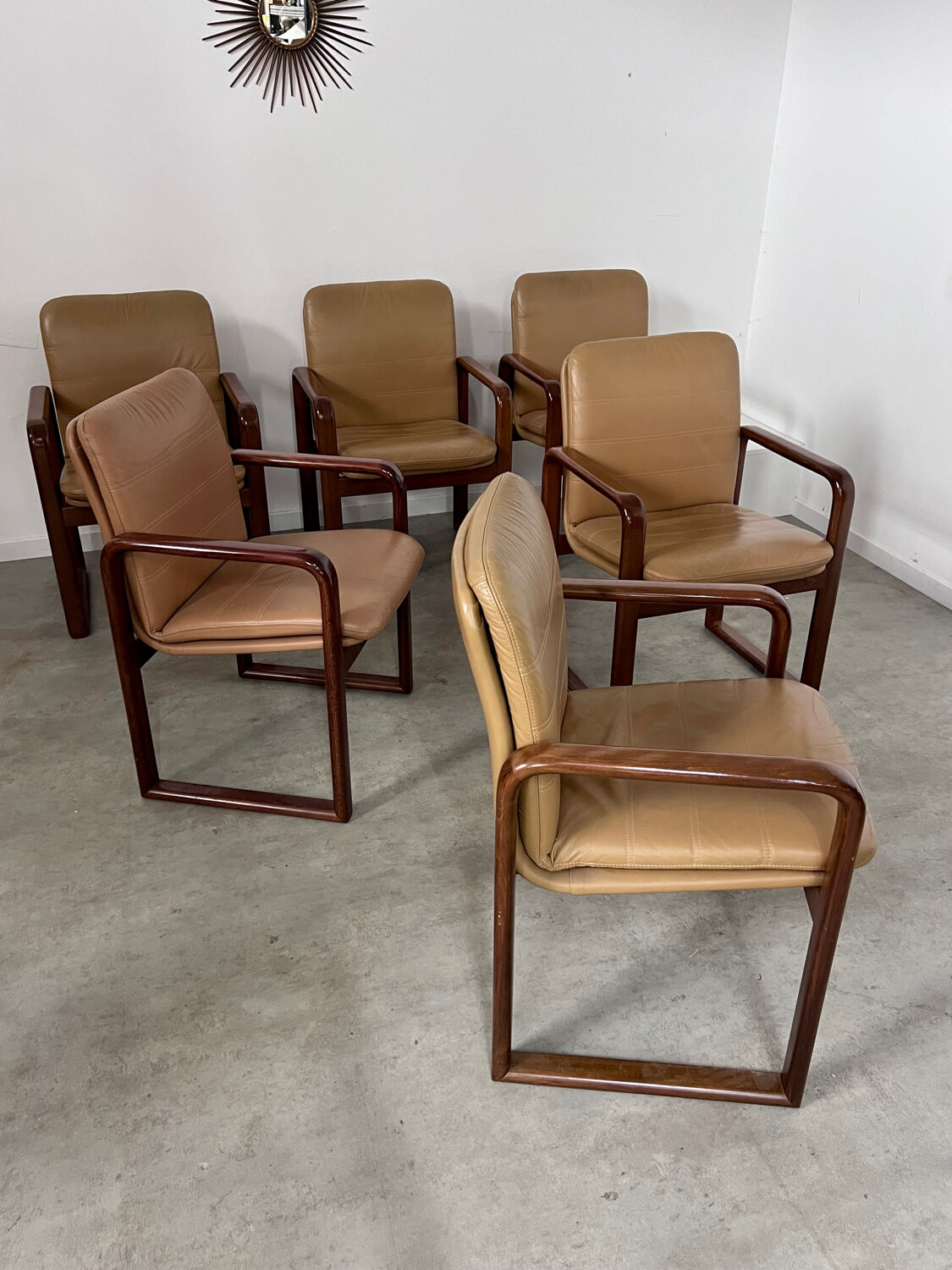 Lot 6 chairs armrests vintage 70s Scandinavian design leather and wood
