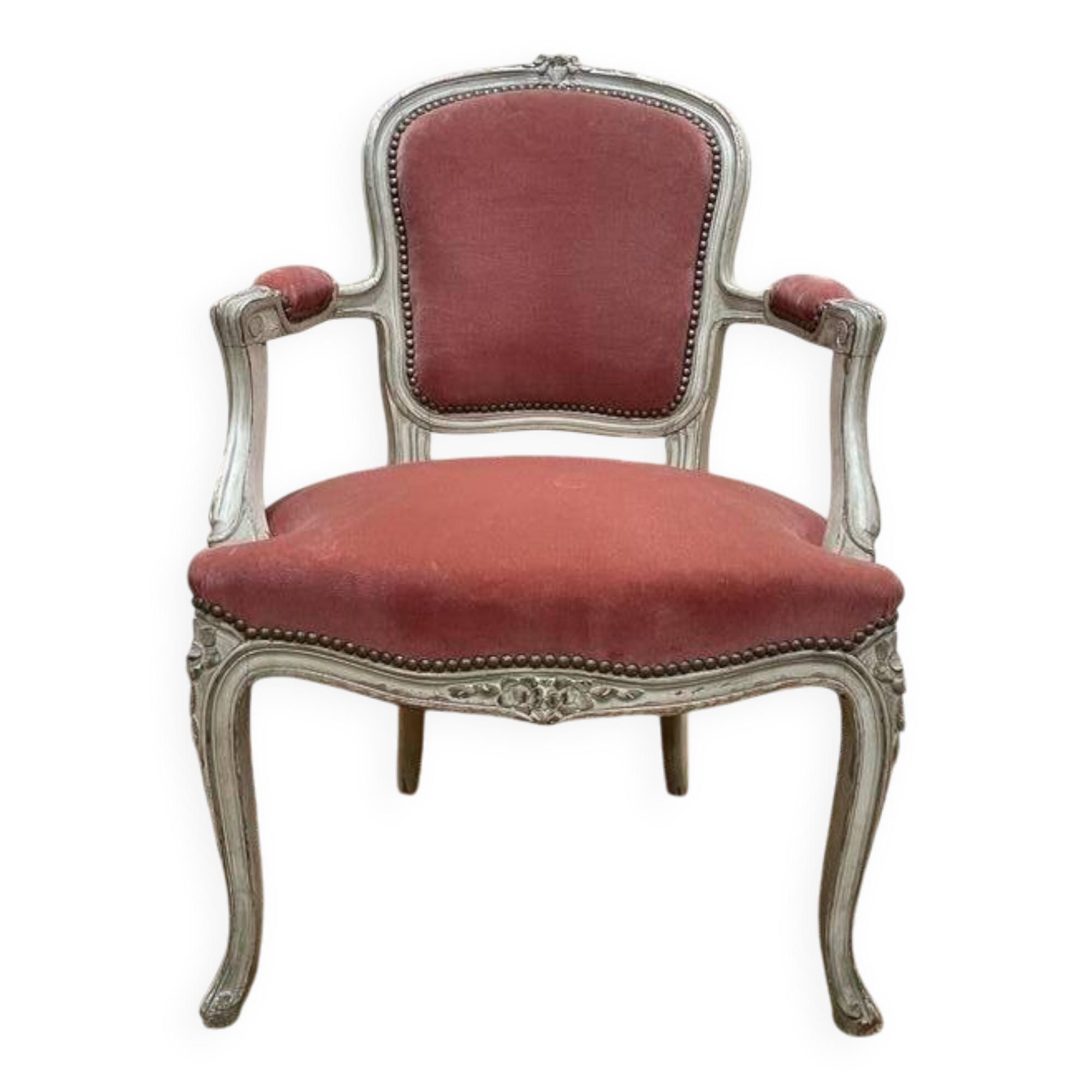 Fauteuil cabriolet de style Louis XV en velours rose