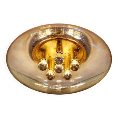 Grand plafonnier en laiton et verre soufflé bullé, Glashütte Limburg, 1970