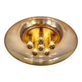 Grand plafonnier en laiton et verre soufflé bullé, Glashütte Limburg, 1970