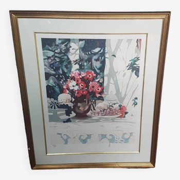 Old Color Lithograph Still Life Numbered & Signed + Golden Frame #A688