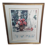 Old Color Lithograph Still Life Numbered & Signed + Golden Frame #A688