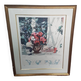 Old Color Lithograph Still Life Numbered & Signed + Golden Frame #A688