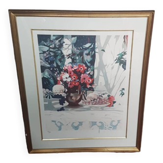 Ancienne Lithographie Couleur Nature Morte Numérotée & Signée + Cadre Doré #A688