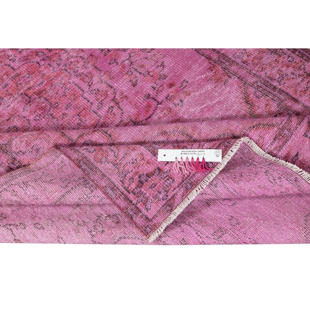 Vintage Handmade Turkish Wool Area Rug Overdyed in Pink for Contemporary Interiors
