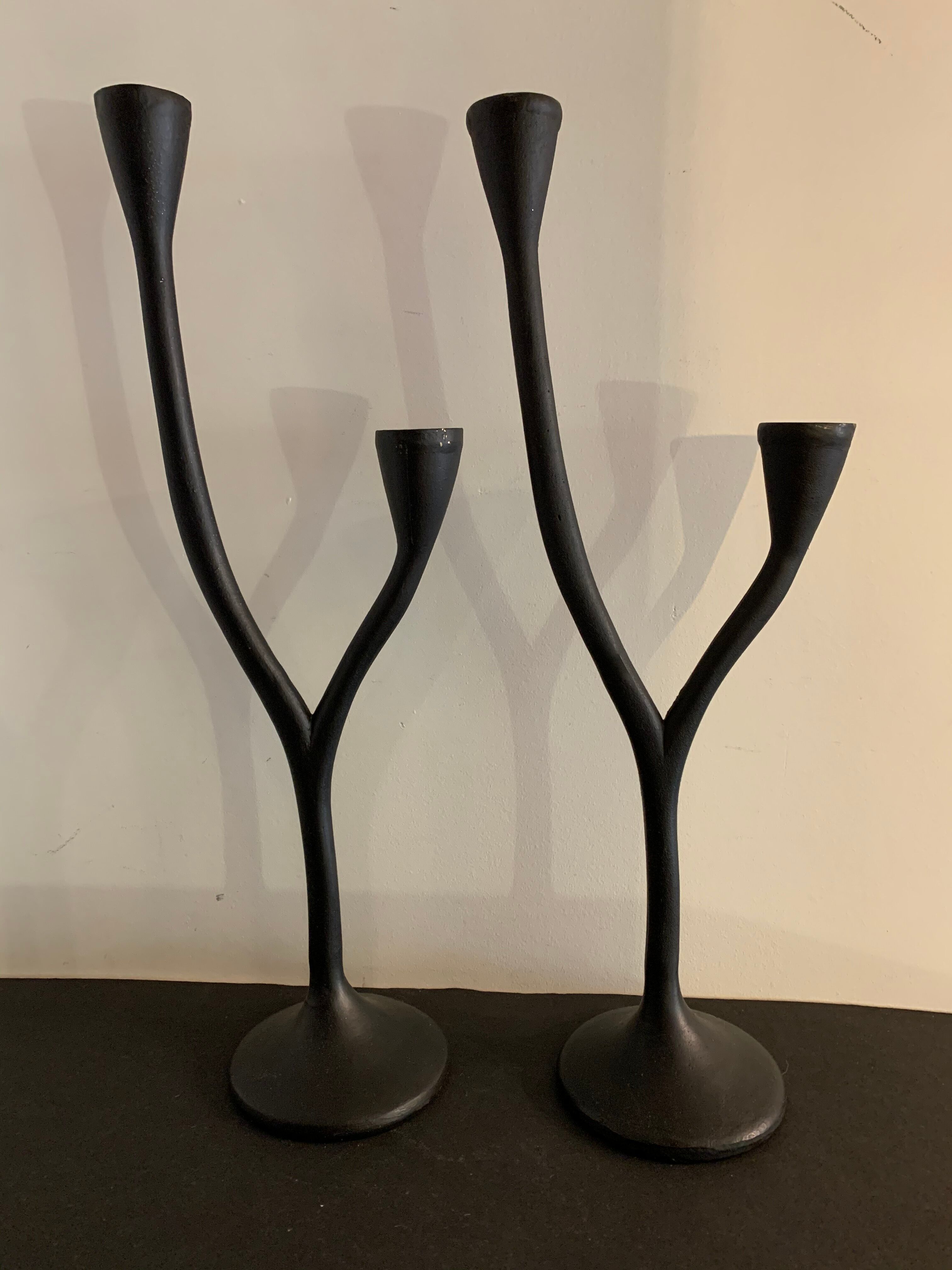 Pair of black candlesticks art deco in steel Habitat 1970