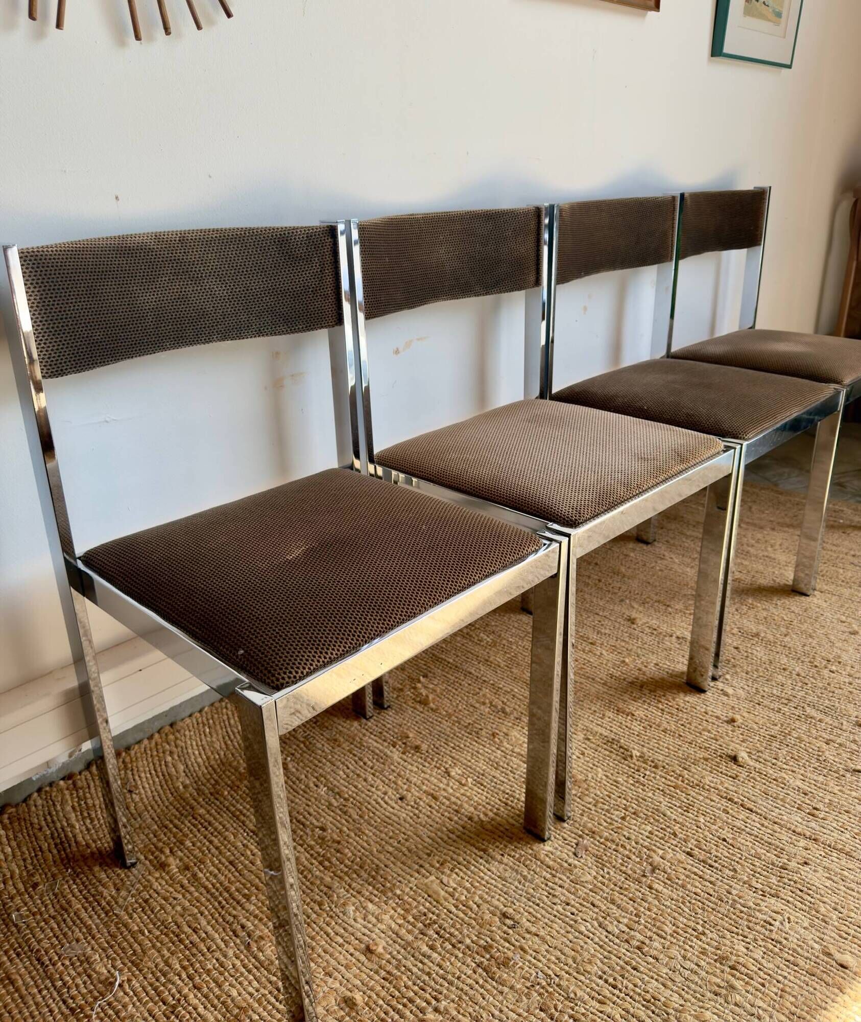 Suite de 4 chaises Sigma vintage en chrome et velours – design années 70