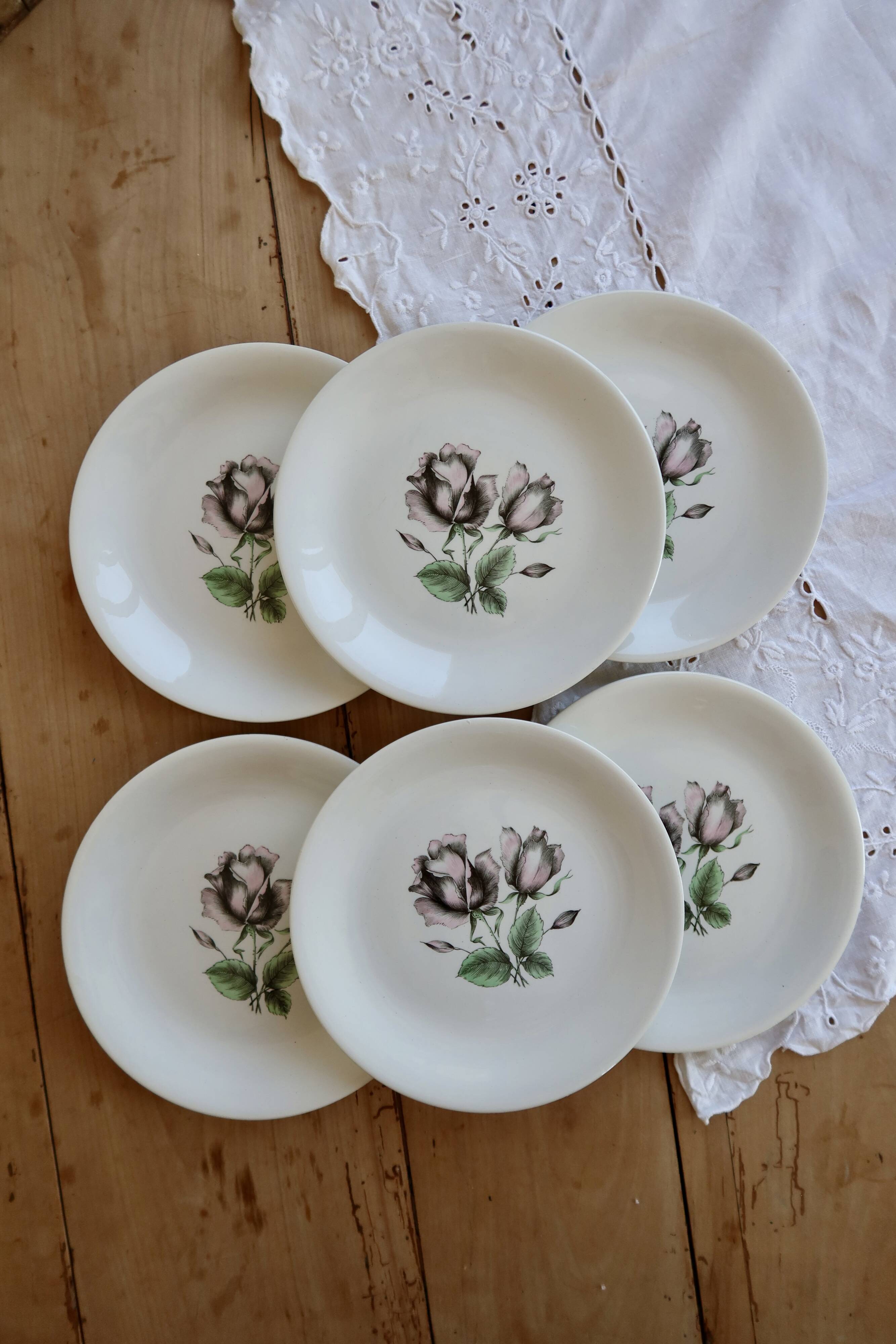 6 vintage porcelain dessert plates Moulins des Loups rose pattern
