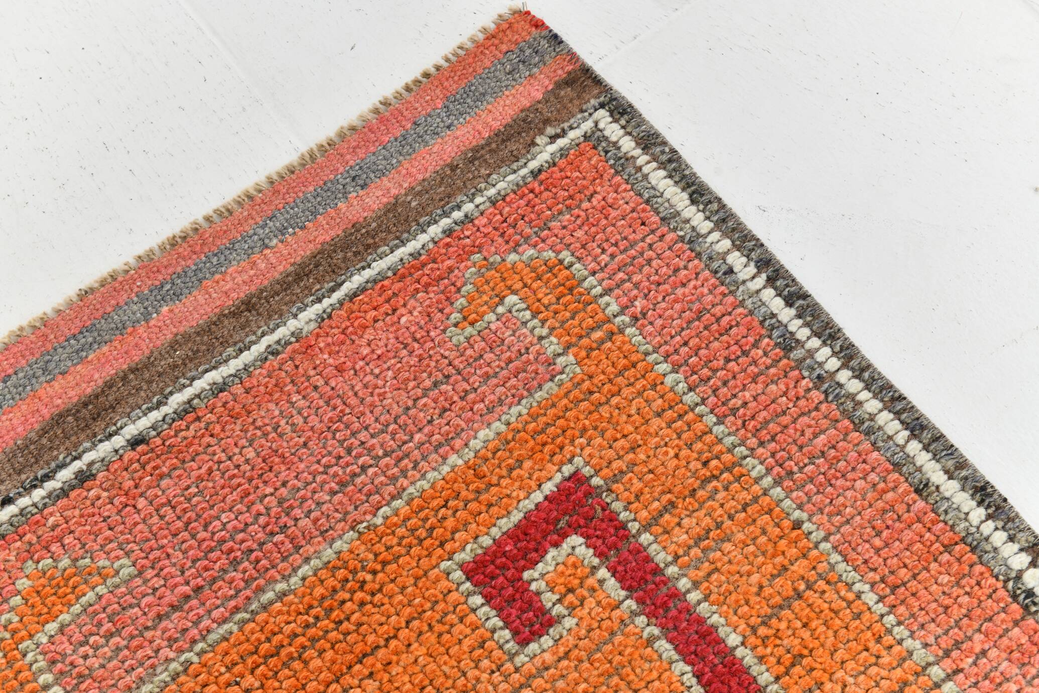 3x11 Crimson & Grey Boho Hallway Rug, Handmade Turkish Wool Rug, 93x342Cm
