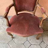 Pair of louis xv style bergeres armchairs with pink velvet armrests