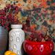 Vintage bright red enamel ceramic tripod vase