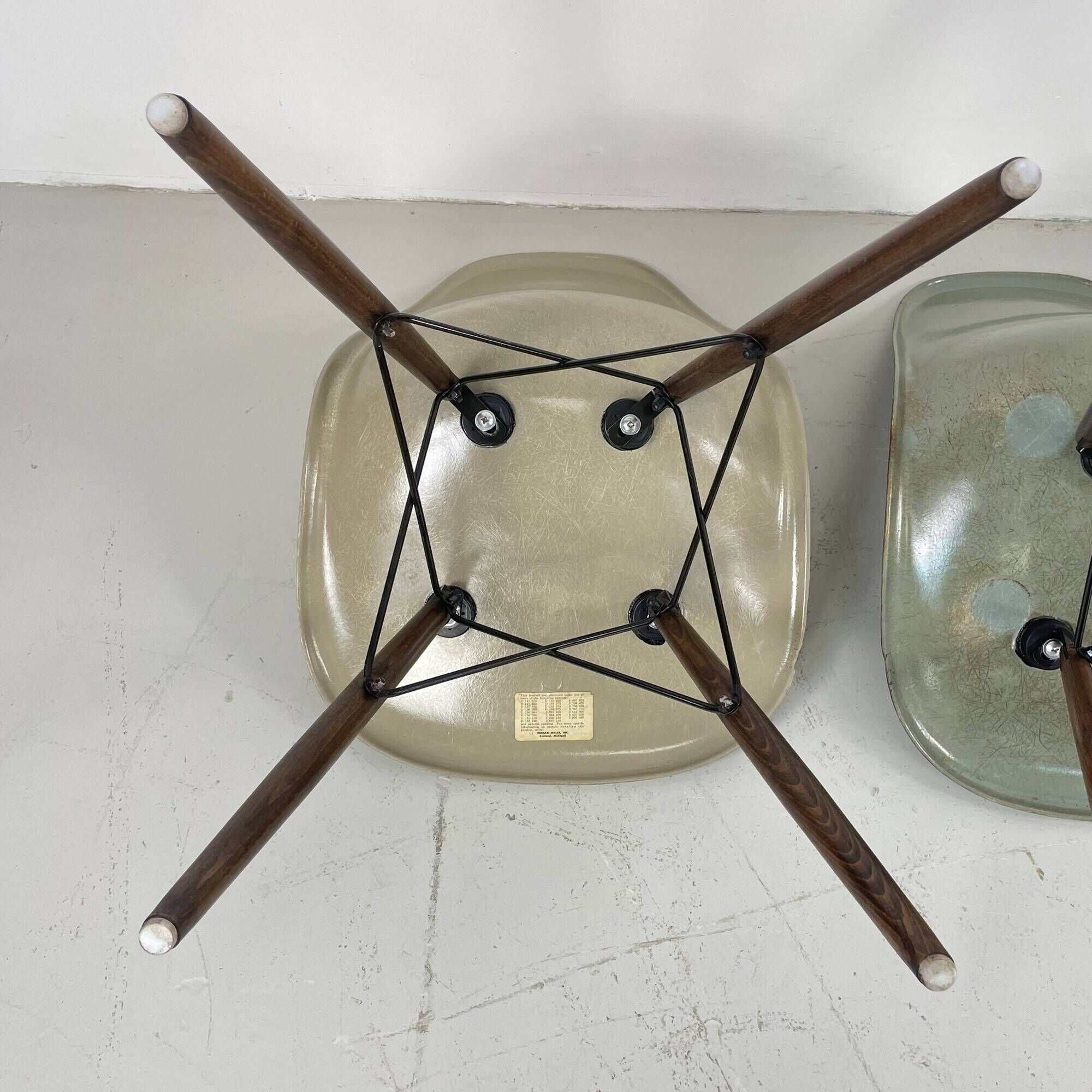 Eames Herman Miller DSW side chairs in greige, seafoam green, light ochre and parchment with slight