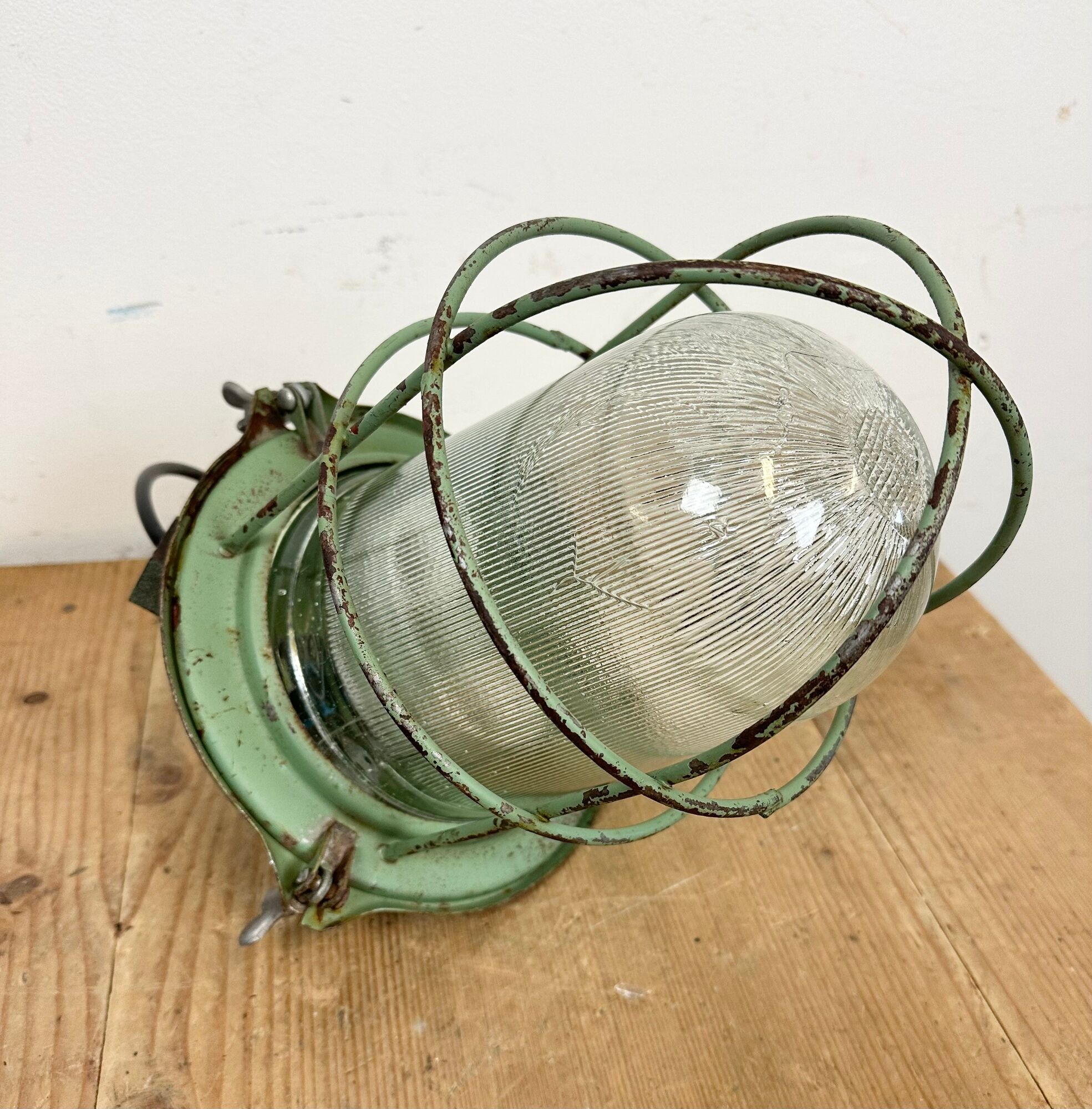 Green Industrial Soviet Bunker Pendant Light with Iron Grid, 1960s