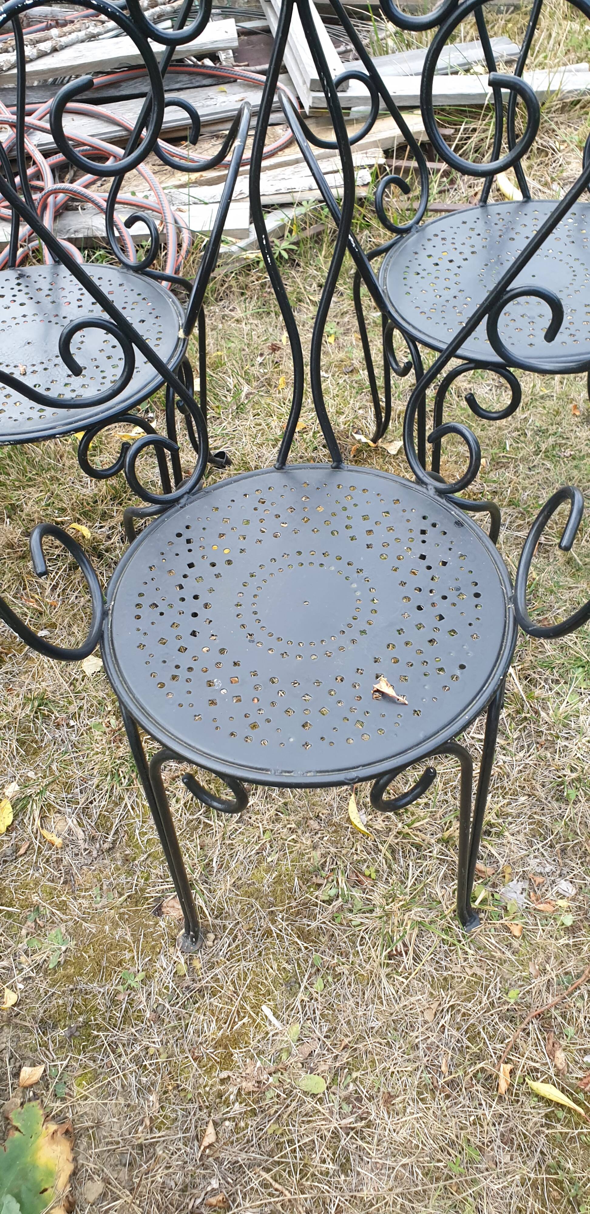 3 ornate wrought iron garden armchairs