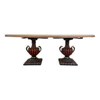 Oval oak dining table with vase legs