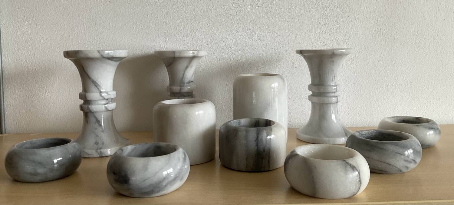 Set of 11 Carrara marble candlesticks from the 70s