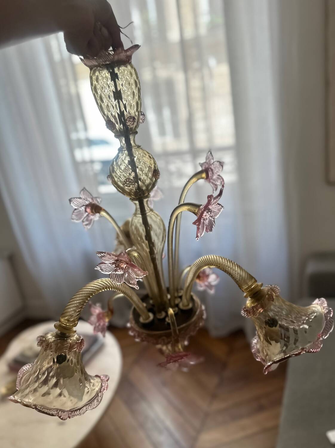 Murano glass chandelier Venetian flowers, circa 1950/1970 pink yellow