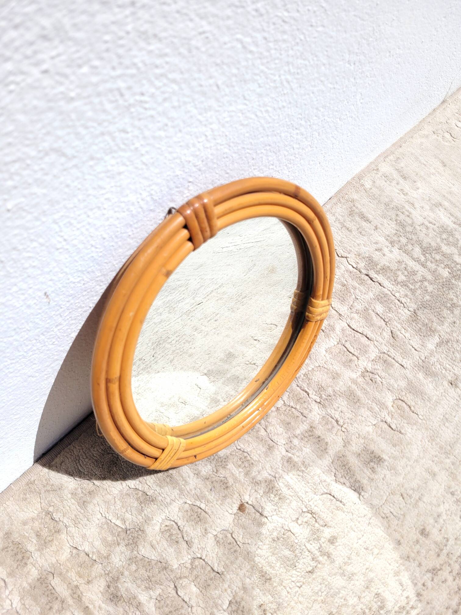 Small round rattan mirror 1970