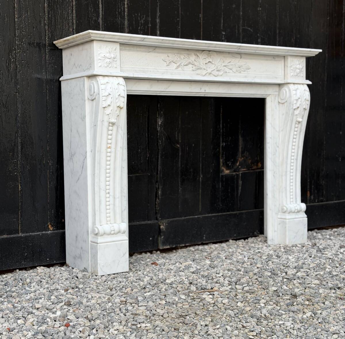 Louis XV style fireplace in Carrara marble, circa 1980.