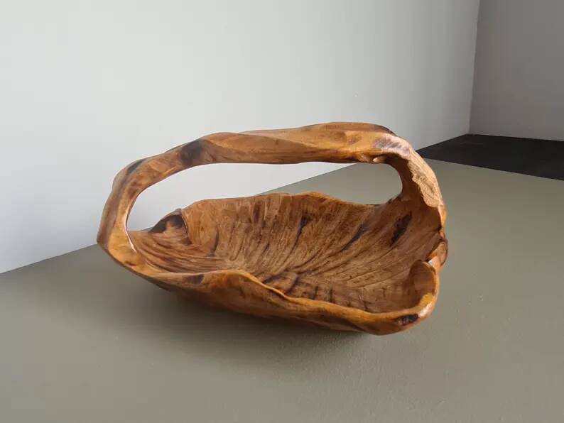 Hand-carved wooden empty pocket basket vintage French