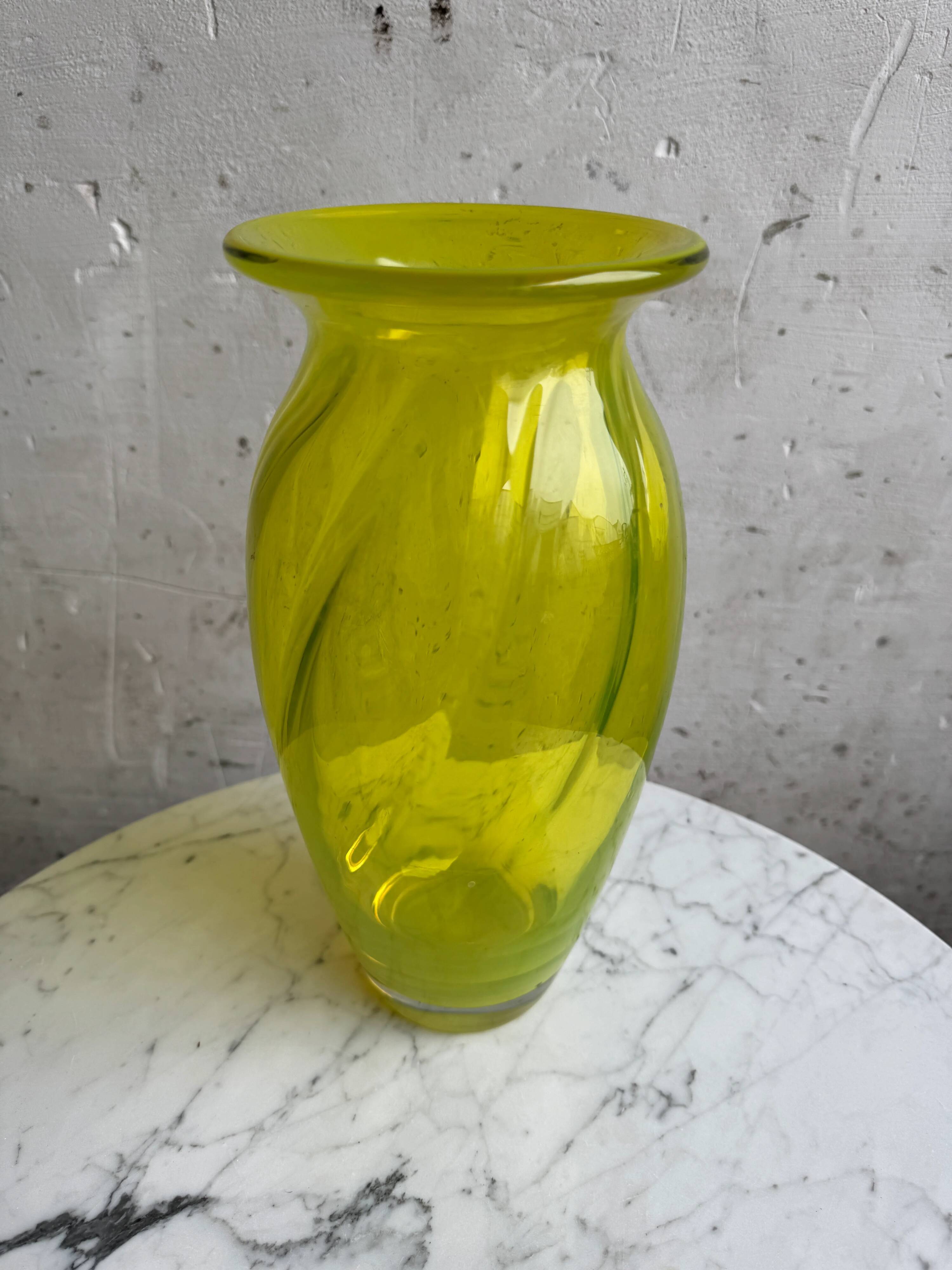 Lime Green Hand-Blown Uranium Glass Swirl Vase — 30 cm, Flared Rim, Art Glass